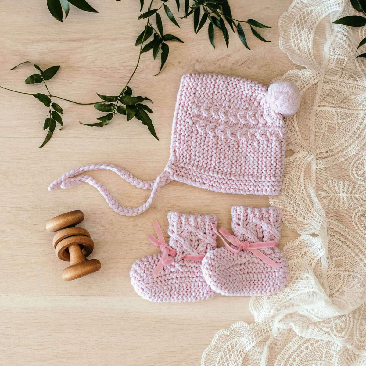 Pink Merino Wool Bonnet Booties Kawaii Kids